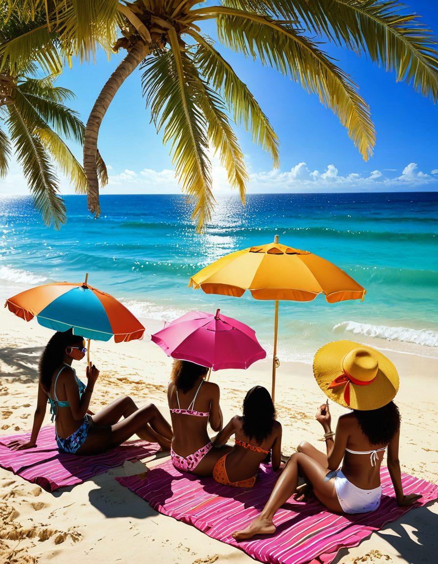 A sun-drenched beach scene featuring diverse models in stylish bikinis and chic resort wear, lounging under colorful beach umbrellas. The sparkling ocean waves gently lap against the shore, with palm trees swaying in the background. Include bright beach accessories like sunglasses and hats, with a vibrant sunset casting warm golden hues over the sand. tropical, bright colors, super-realistic, summery vibes.